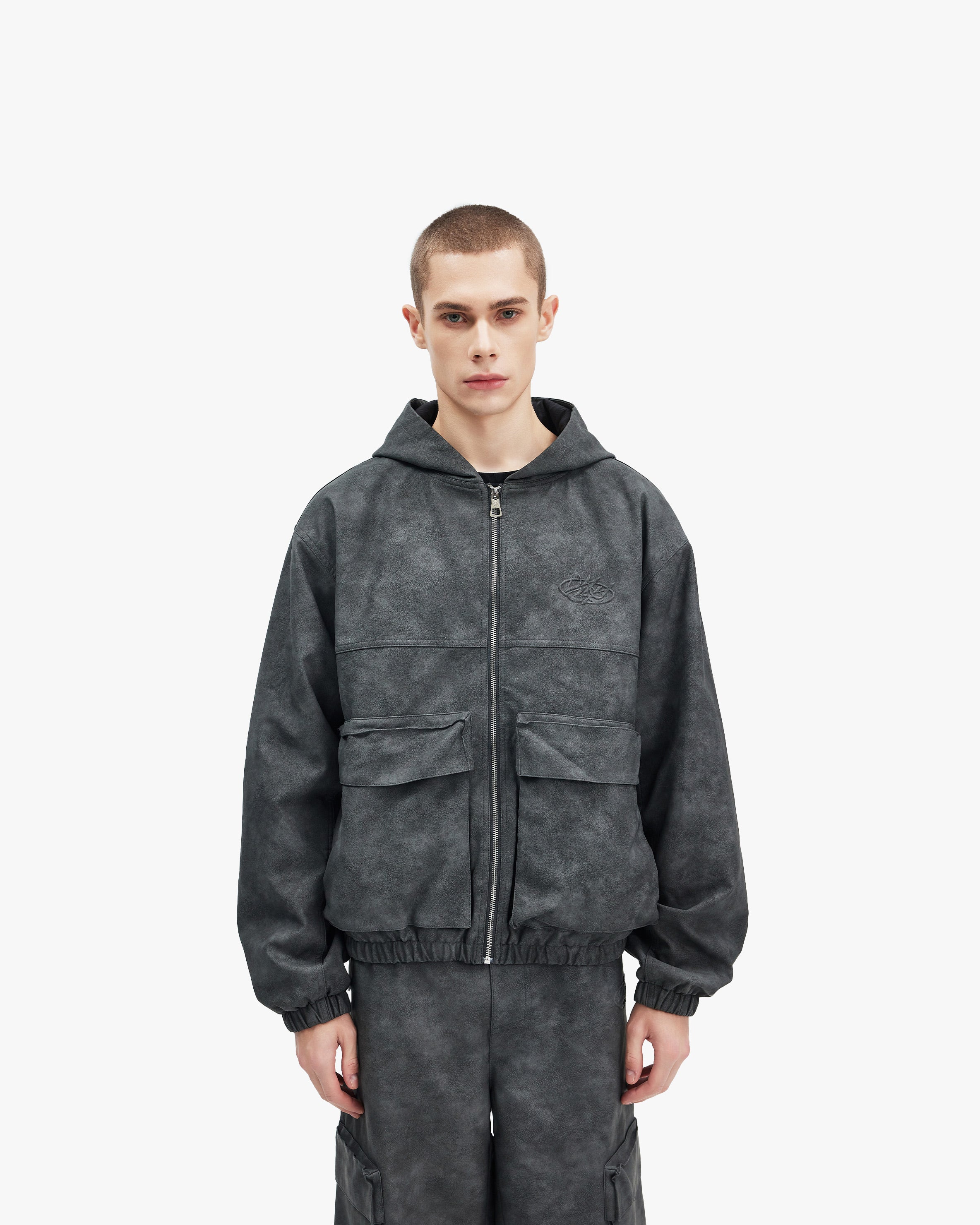 SCRIPT LOGO LEATHER JACKET GREY - Image 2
