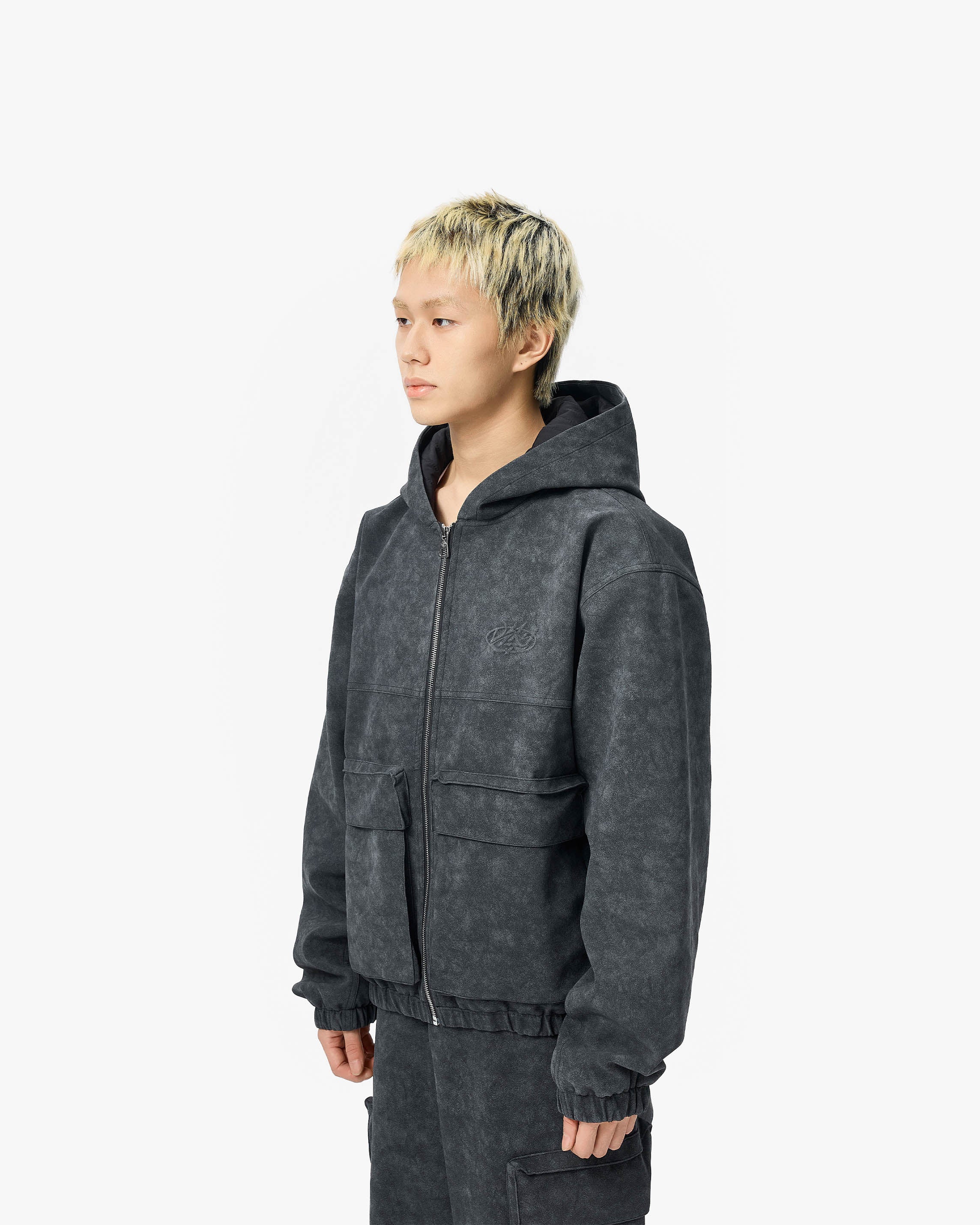 SCRIPT LOGO LEATHER JACKET TAR BLACK - Image 3